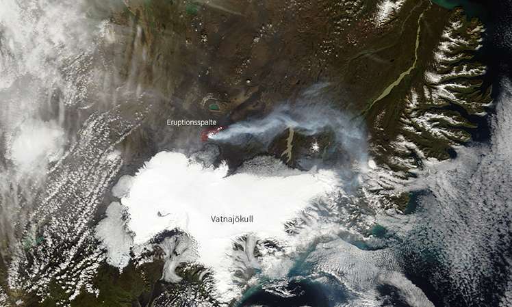 Statellitenaufnahme des Holuhraun-Lavafelds und des Gletschers Vatnajökull auf Island.