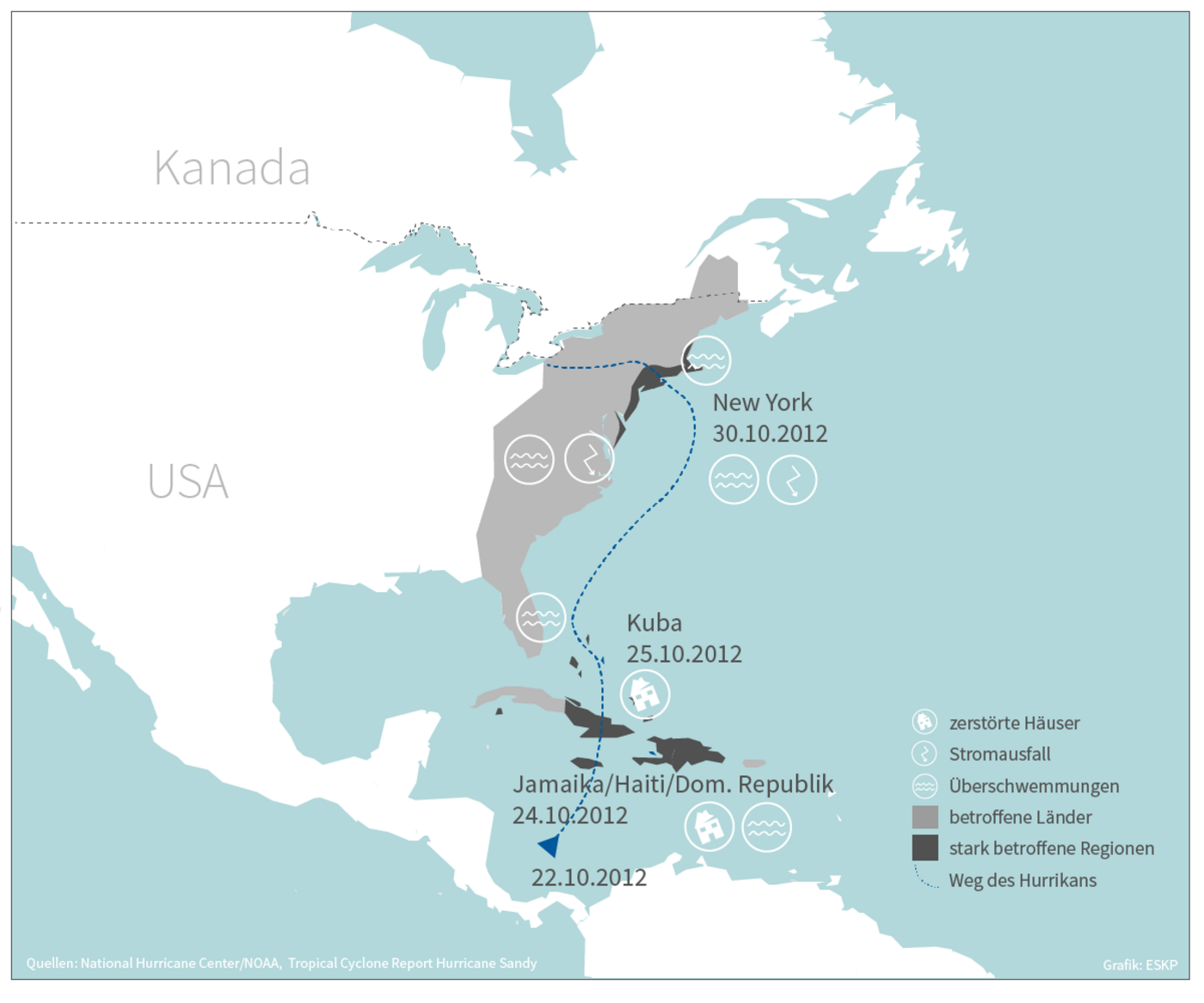 Darstellung der Länder und Regionen, die durch den Hurrikan "Sandy" im Oktober 2012 betroffen waren. 