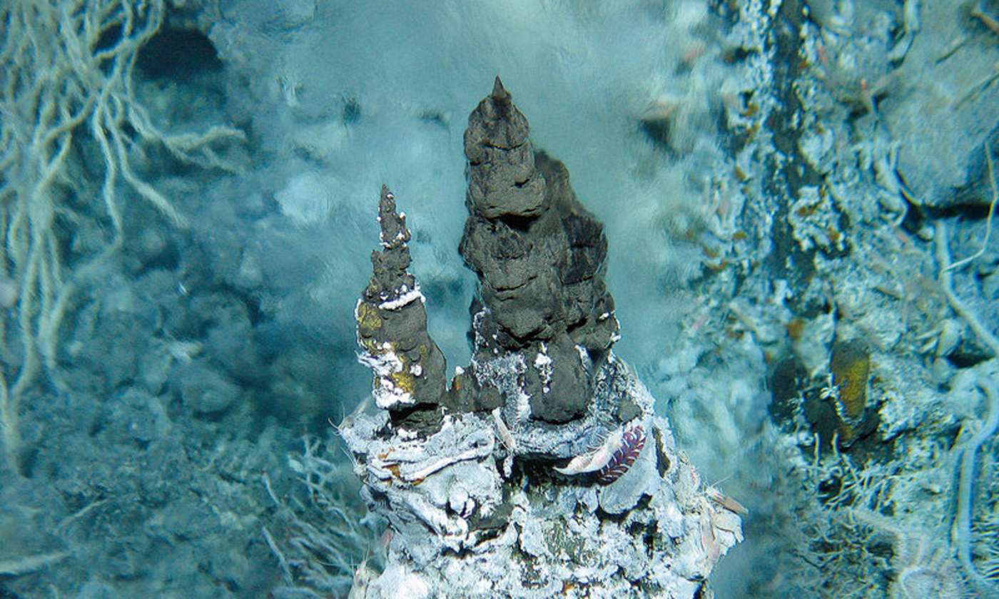 Hydrothermalquelle in ca. 1860 Metern Tiefe im Südwest-Pazifik bei Vanuatu. Der Rauch dieser Schlote kann verschiedene Farben haben, je nach den Anteilen der unterschiedlichen Minerale kann die Farbe von schwarz über grau bis weiß oder gelb reichen. Auf diesem Bild treten sogar klare Lösungen aus; eine Hinweis auf die Abscheidung von Mineralen im Untergrund. Das Bild wurde vom Tauchroboter ROV KIEL 6000 aufgenommen. 