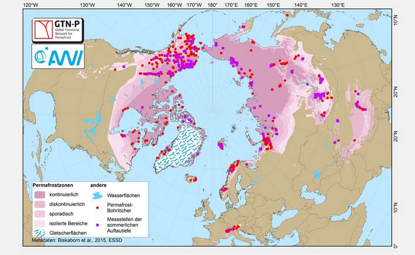 Übersichtskarte über Permafrostgebiete und Bohrlöcher