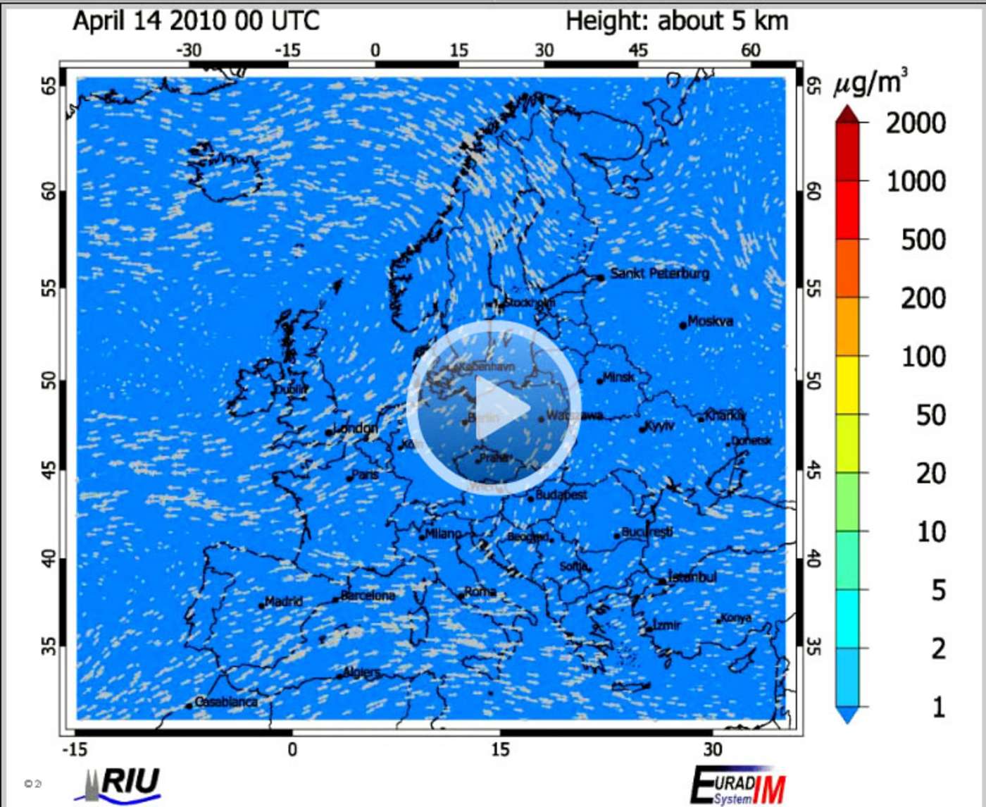 Simulation der Ausbreitung der Aschewolke des isländischen Vulkans Eyjafjallajökull im April 2010. 