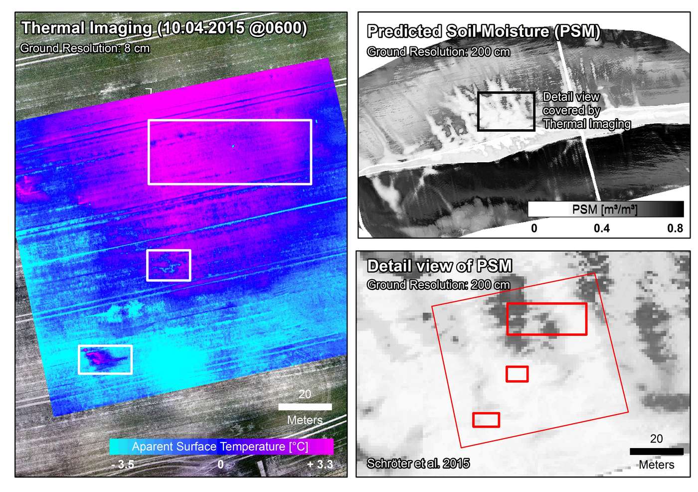 Grafik: Vergleich zwischen einem Thermalflugergebnis (links) und einem Bodenfeuchte-Prädiktor (rechts)