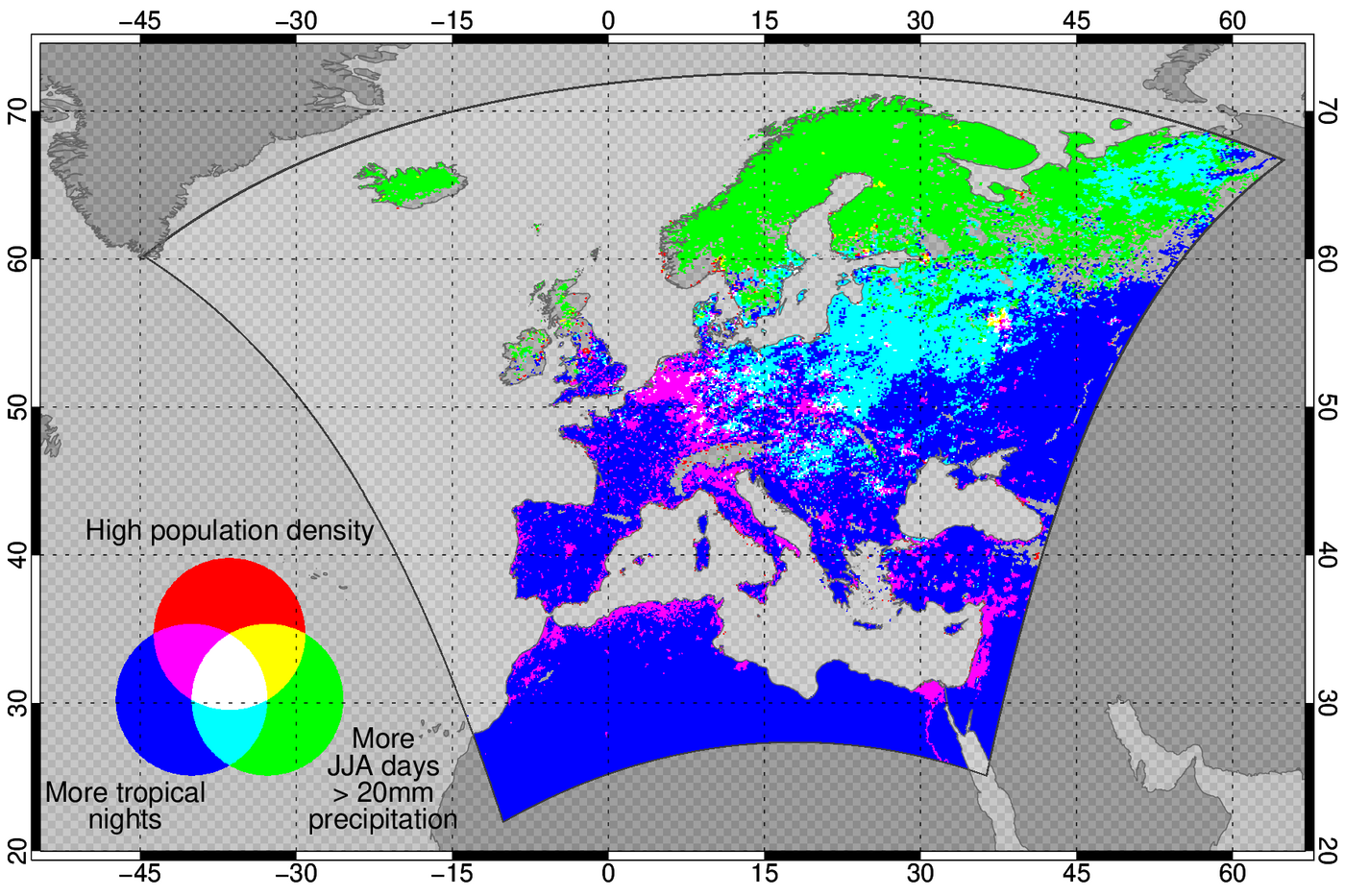 Karte von Europa mit verschiedenen Farbzonen