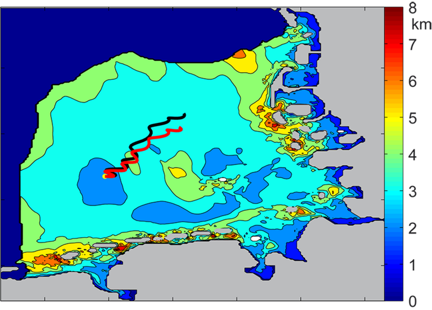 Model calculation showing the drift of a floating object in the North Sea without (black) and with (red) use of the measured radar data for a time period of three days. The end points of the trajectories are approximately seven kilometers apart from one a