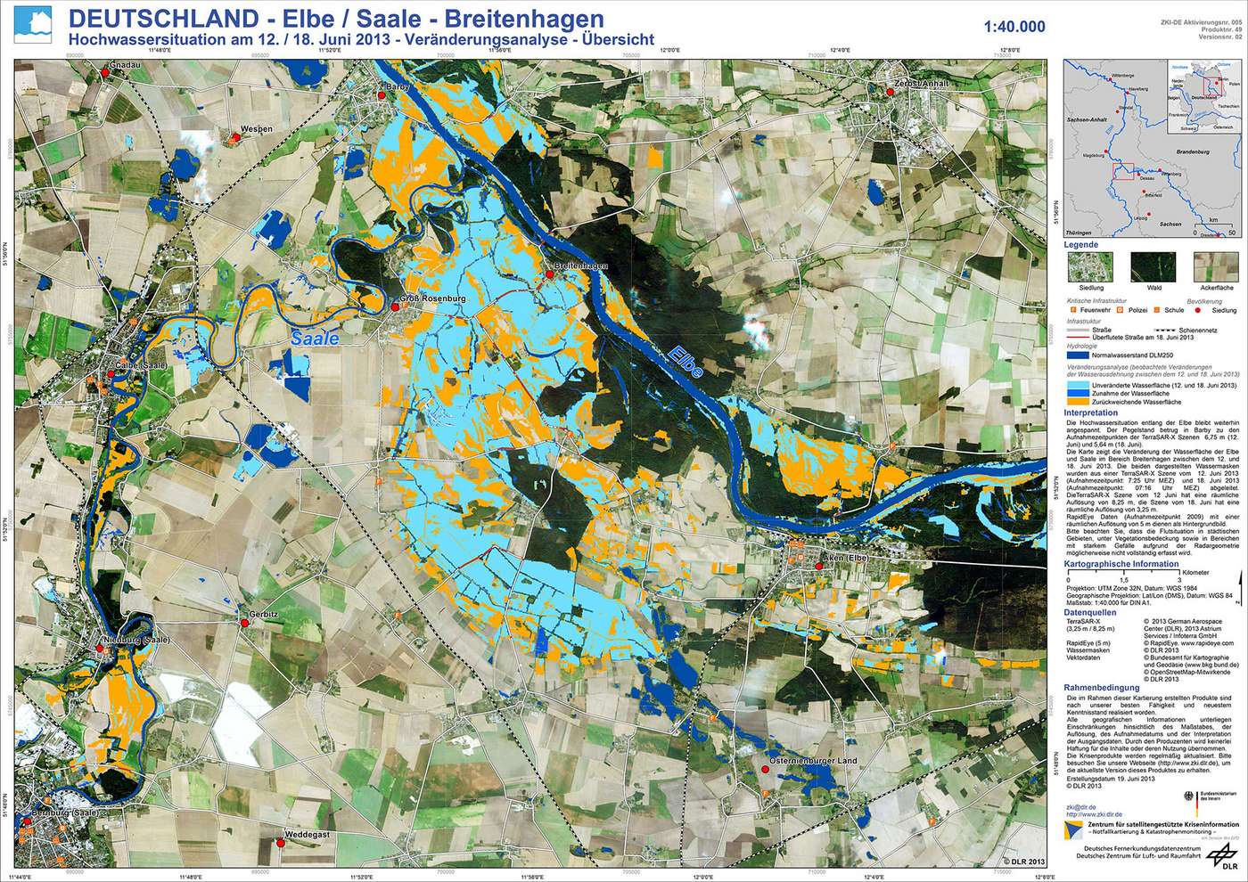 Das Satellitenbild zeigt die Hochwasser-Situation im Juni 2013 an Elbe und Saale dargestellt durch verschiedenen Einfärbungen (gelb = zurückweichendes Wasser, hellblau = unveränderter Wasserstand, blau = zunehmendes Wasser).