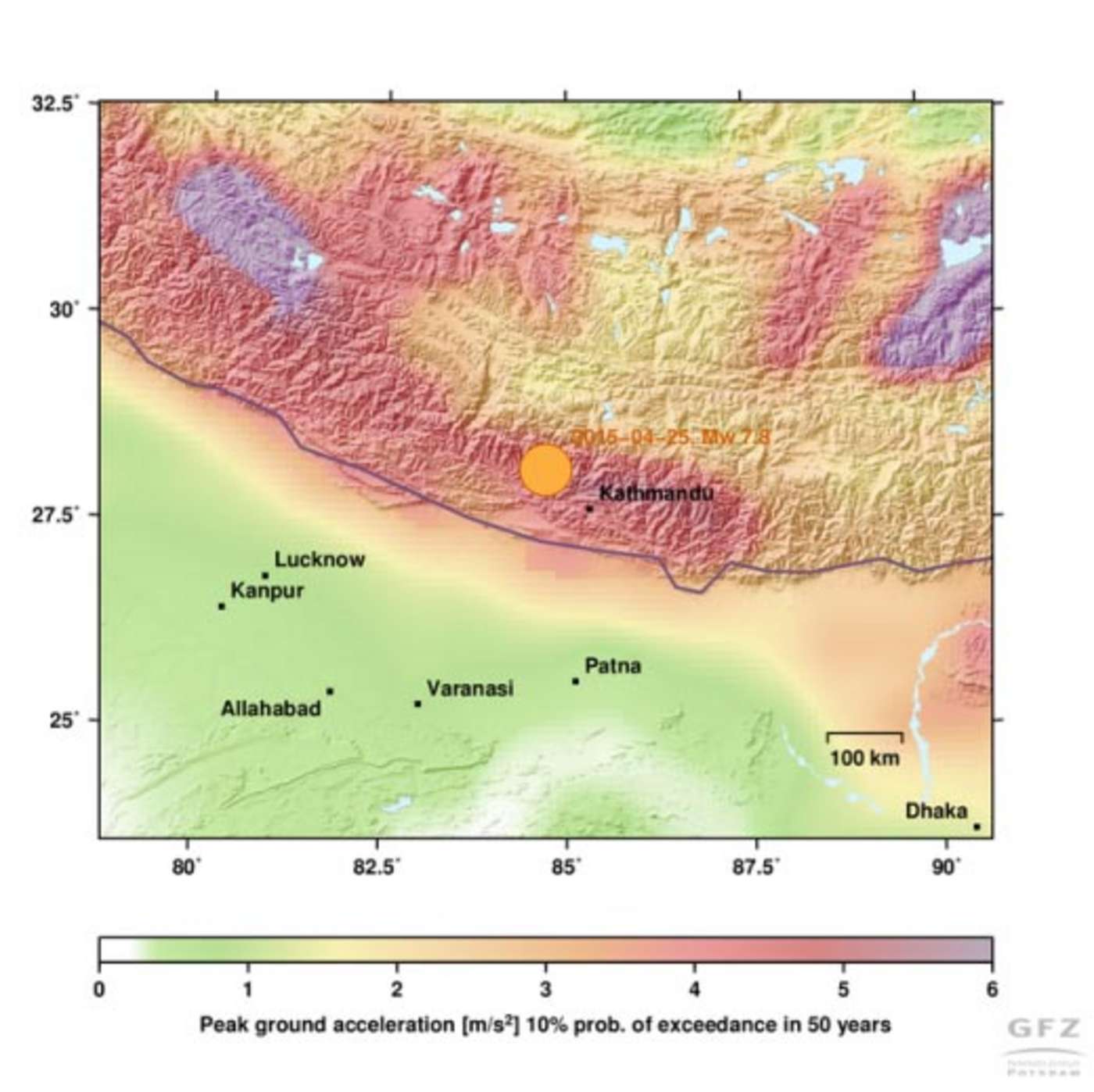 Spitzen-Bodenbeschleunigung mit 10% Überschreitungswahrscheinlichkeit in 50 Jahren in Nepal. Kartenansicht