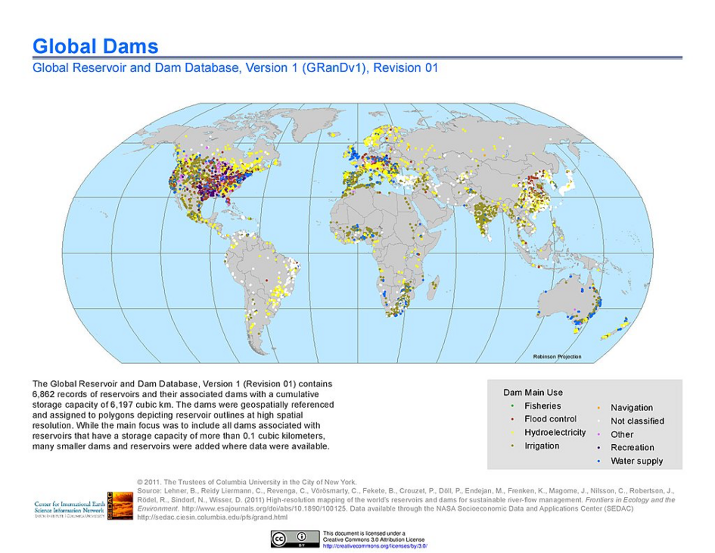Weltkarte mit Markierung für Staudämme