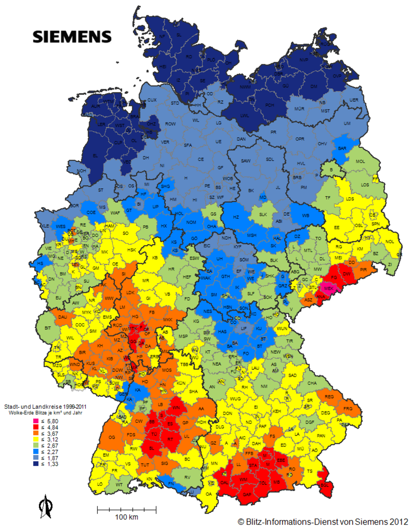 Abb. 1: Mittlere jährliche Blitzdichte in Deutschland zwischen 1999 und 2011.