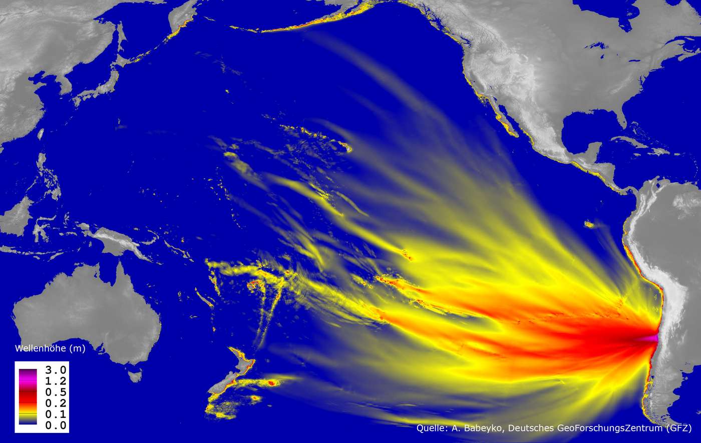 Simulation der Höhe der Tsunamiwelle (in Metern) im Pazifik vor der Chilenischen Küste nach dem Erdbeben am 16. September 2015 in Chile.