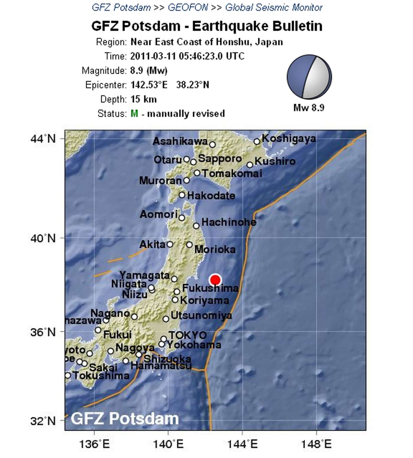 Die Karte zeigt das Epizentrum des Erdbebens am 11. März 2011. Das Beben ereignete sich im Pazifik vor der Küste Japans. 