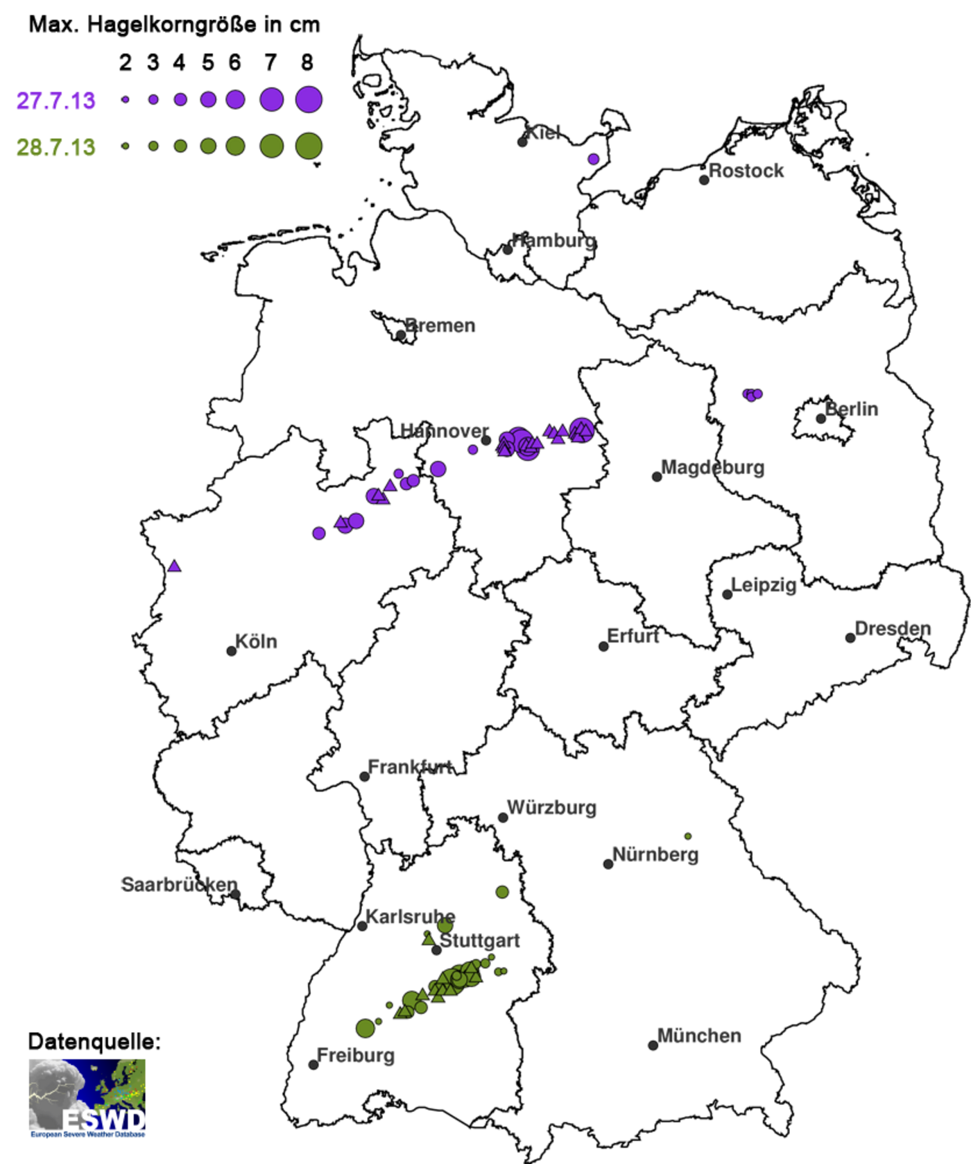 Abb. 1: Hagelmeldung des European Severe Weather Database (ESWD) am 27./28.07.2013. Die Kreise geben Hagelmeldungen in Abhängigkeit von ihrer Größe wieder: Dreiecke bedeuten Hagelmeldungen ohne Größenangaben. 