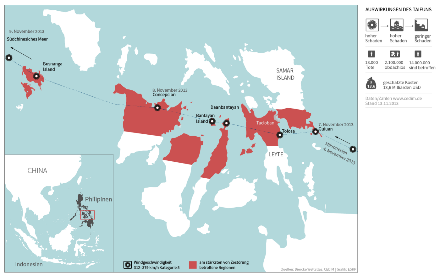 Übersichtskarte über die betroffenen Regionen auf den Philippinen nach dem Taifun Haiyan. 