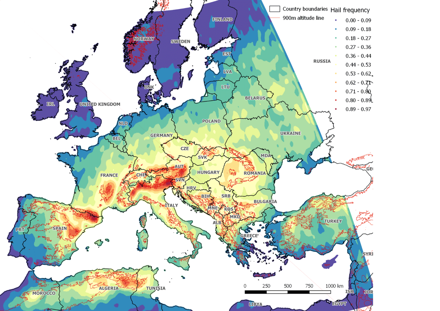 Europakarte Hagelniederschlag in rot